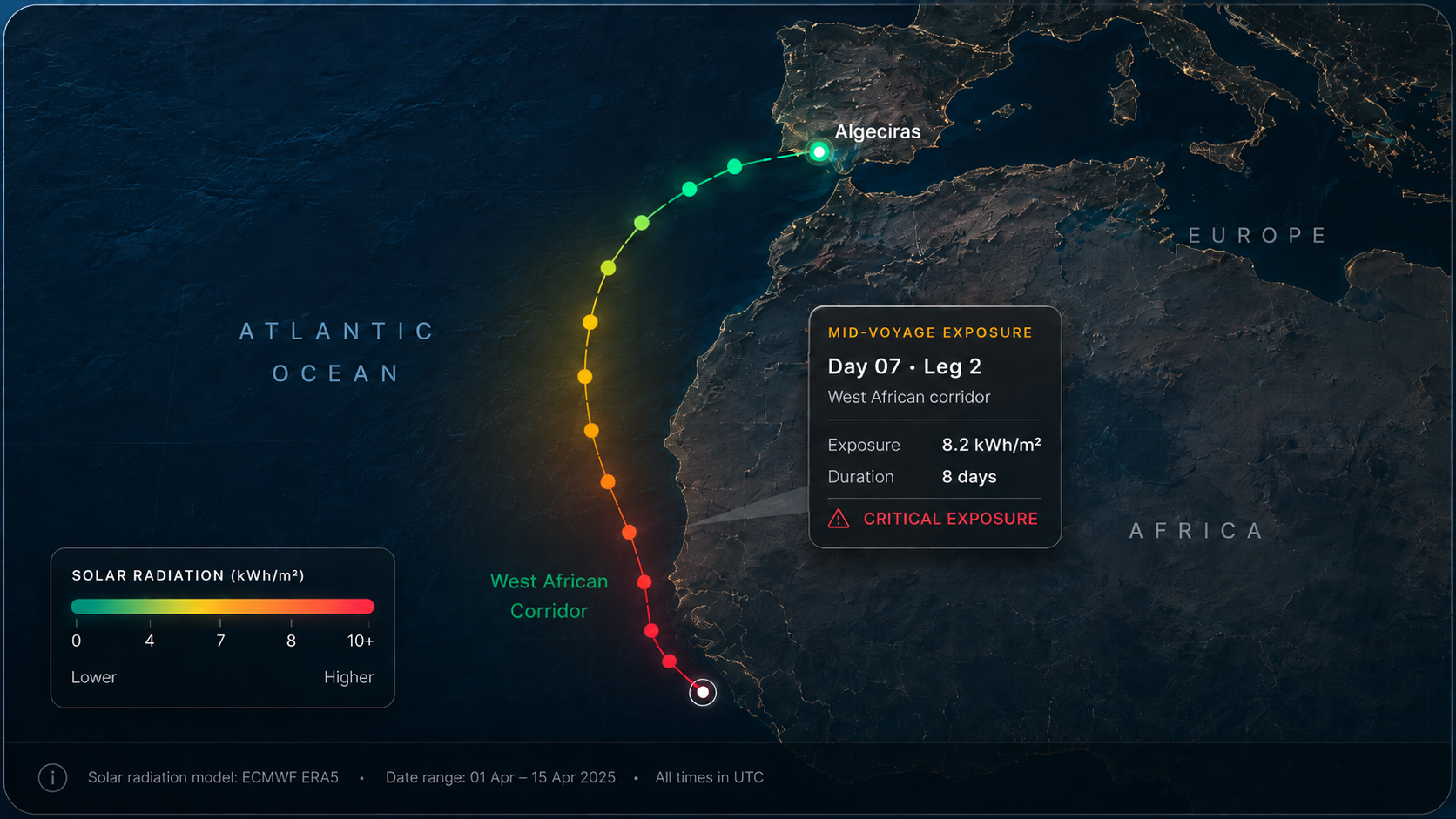 Premium demo map showing route-linked solar radiation exposure for a cargo claim